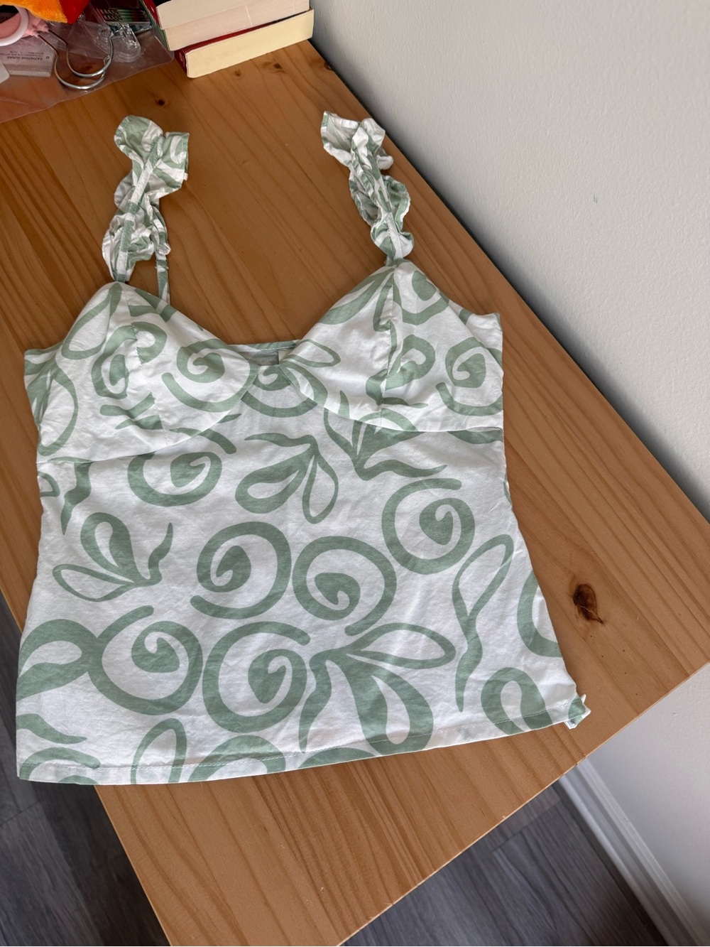 Green Swirl Print Ruffle-Strap Cami - Picture 3 of 8